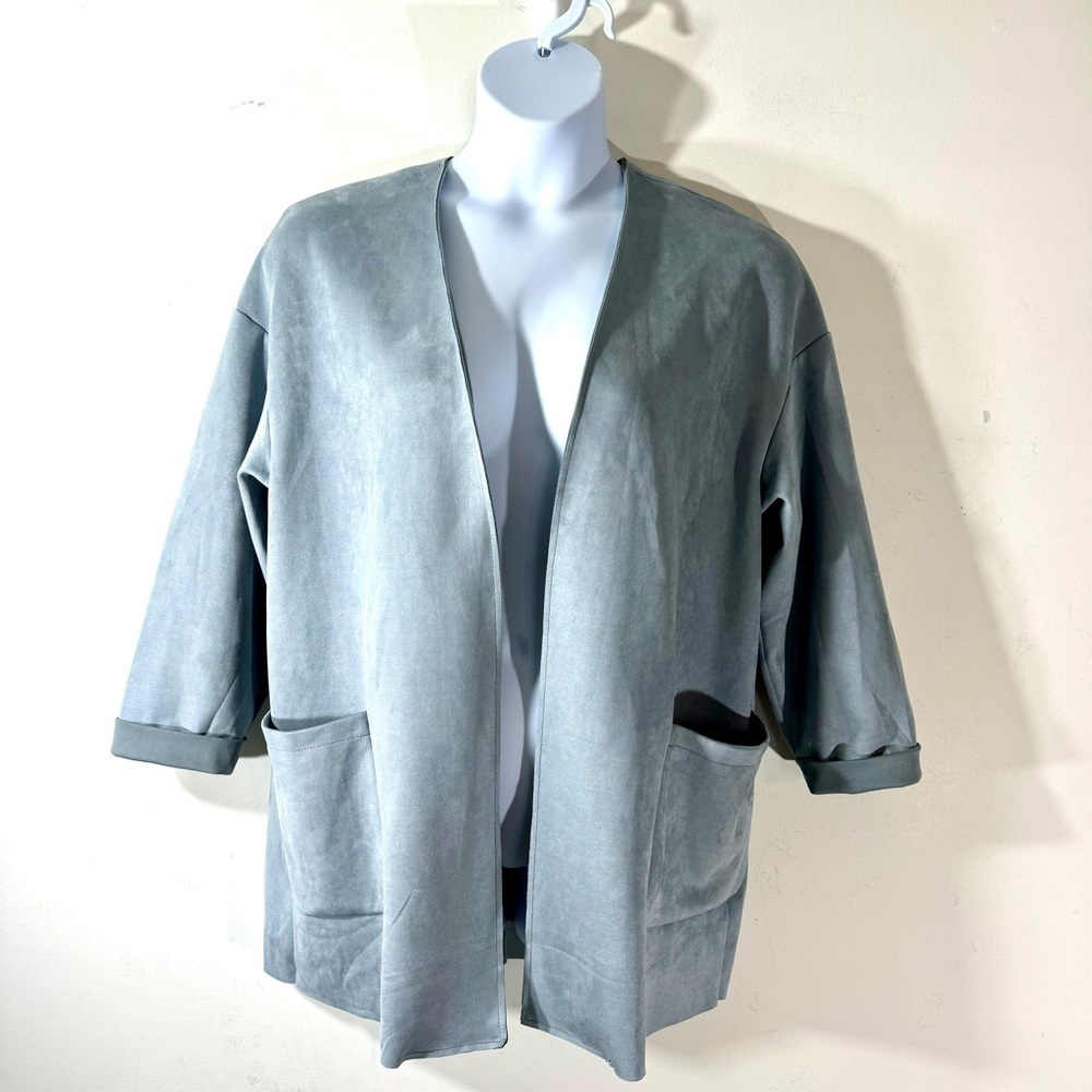 Joan Vass Grey Faux Leather Suede Raw Edge Open Jacket